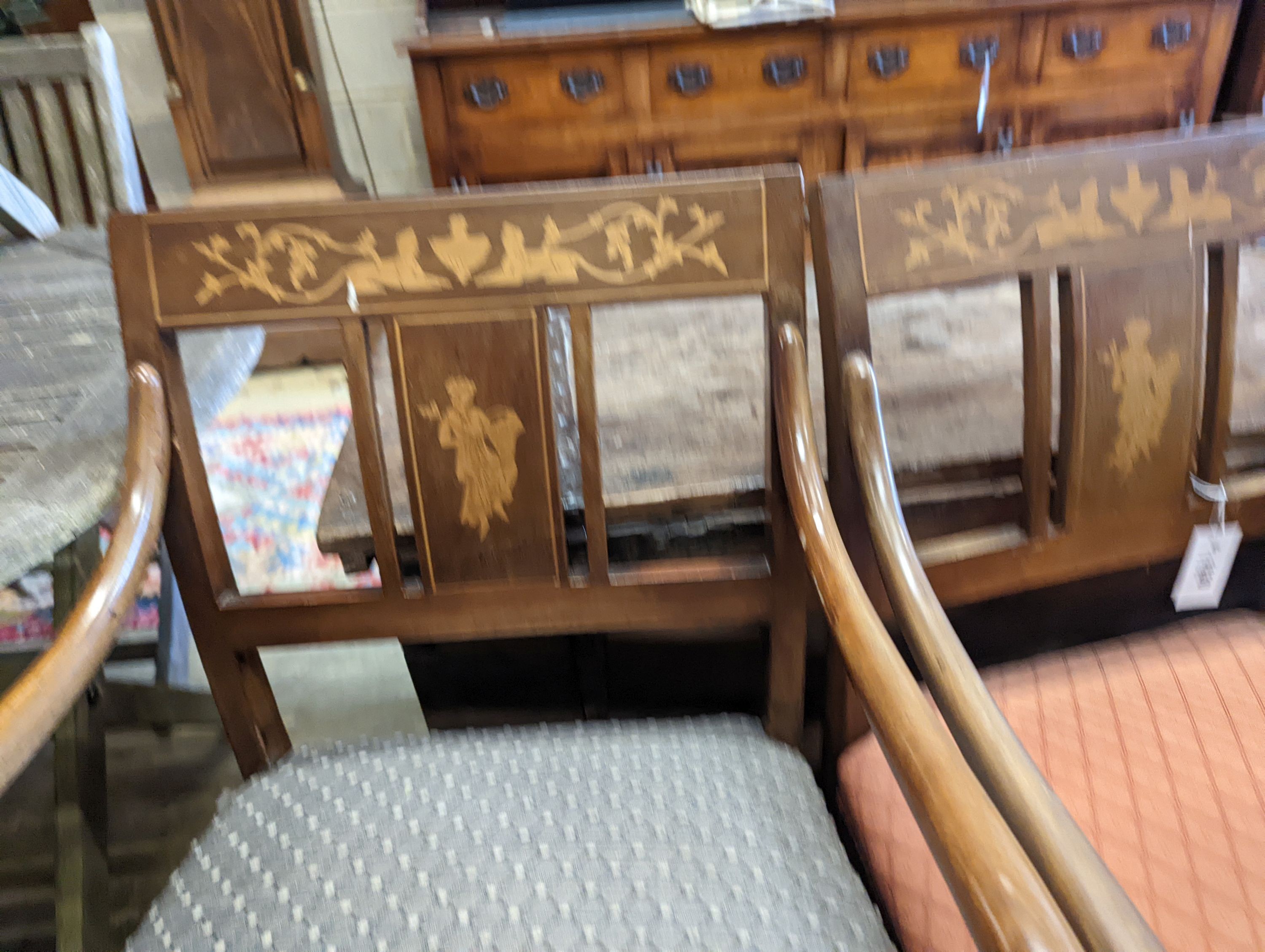 A pair of 19th century Danish marquetry inlaid mahogany desk chairs, width 55cm, depth 48cm, height 89cm